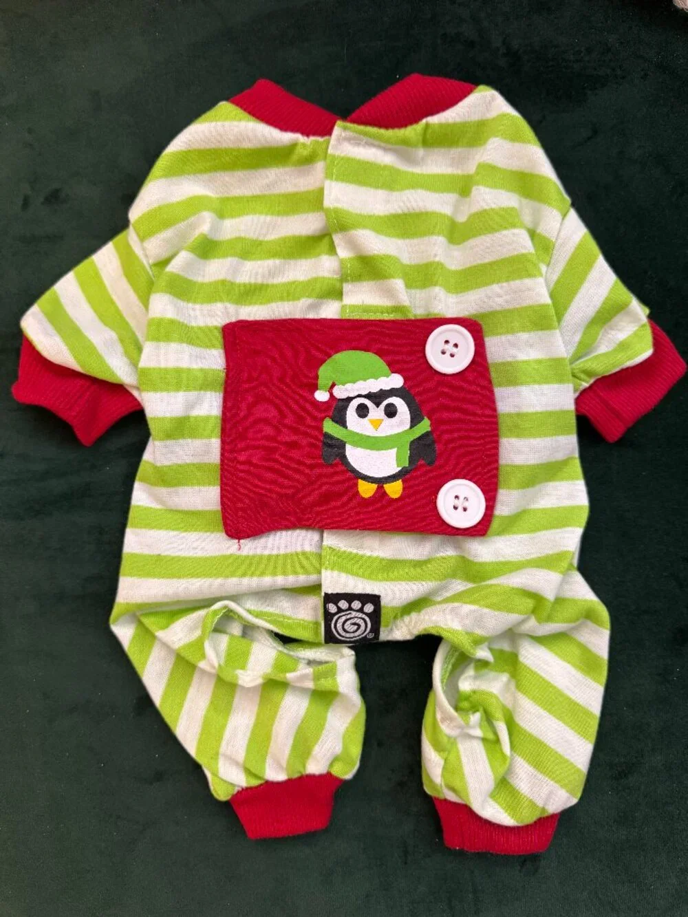 Adorable Green and White Striped XS Xmas Penguin Dog Pajama Onesie